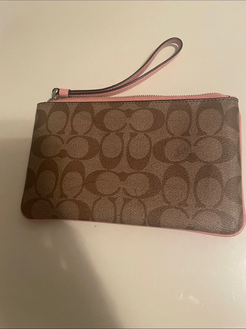 Coach Brown Signature large Wristlet with Pink Trim